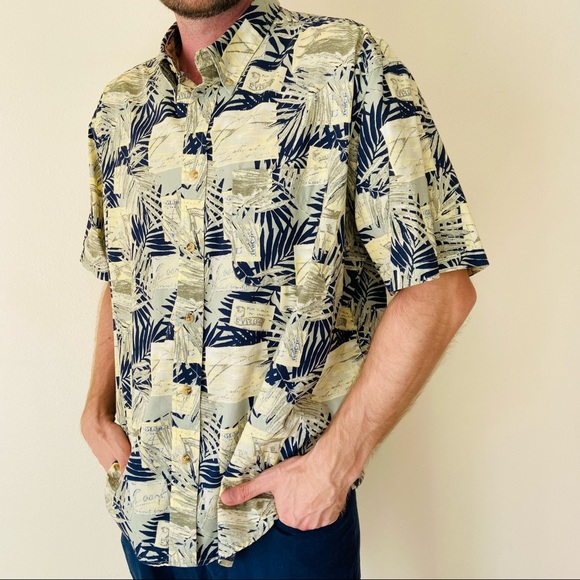 Natural issue cotton Palm Tree Hawaiian Short Sleeve button down Shirt Tropical - Picture 2 of 7